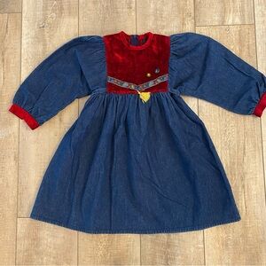Vintage 90s Denim and Red Velvet Girls' 5T Long Sleeve Dress with Tassel